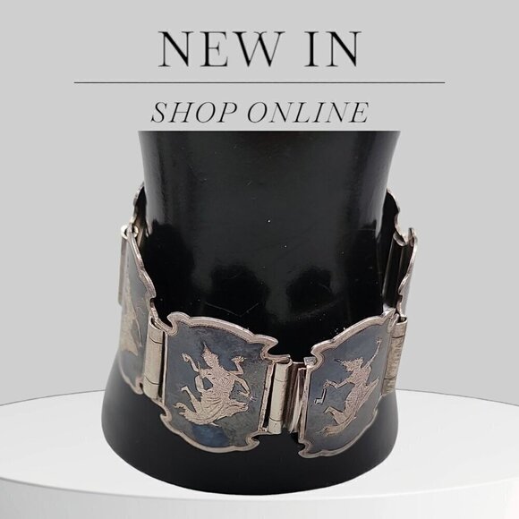 Siam Sterling Silver Bracelet 925 Niello Hindu Goddess Enamel Hinged Panel SZ 7 - Picture 1 of 16